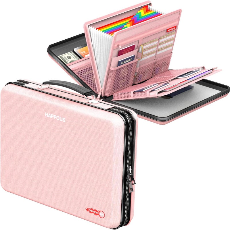 HAPPOUS Fireproof File Box, Expanding File Organizer with 13 Pockets, Portable Fireproof Document Box Hard-Shell Document Organizer Storage for Documents Laptop Passports Cards Pink - Image 1
